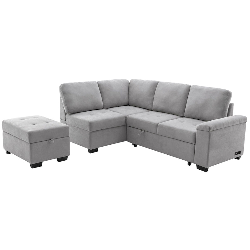 Canapé d'angle convertible 5 places en forme de L de 84,75 pouces avec pouf de rangement, rangement dissimulé dans les accoudoirs et port USB pour le salon