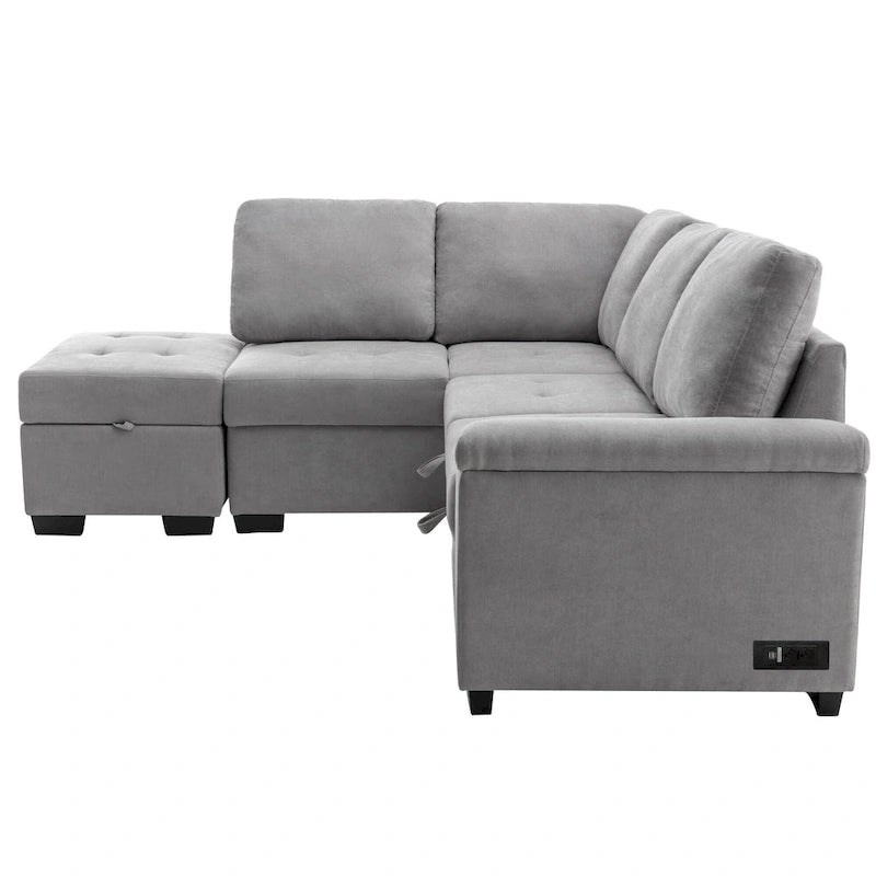 Canapé d'angle convertible 5 places en forme de L de 84,75 pouces avec pouf de rangement, rangement dissimulé dans les accoudoirs et port USB pour le salon