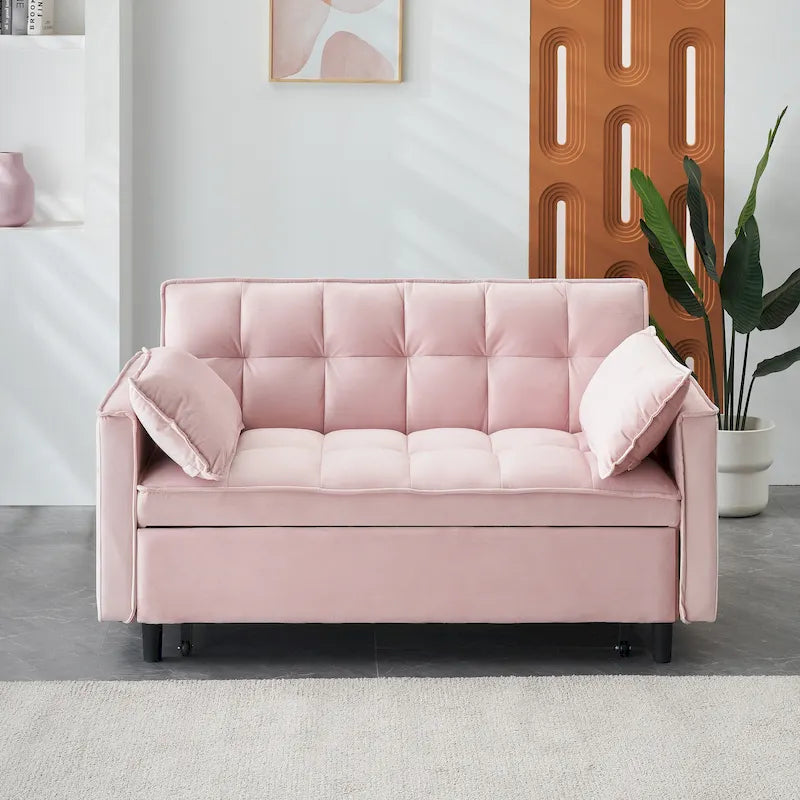Canapé-lit convertible 3 en 1 en velours rose moderne 55 avec dossier et coussins pour salon