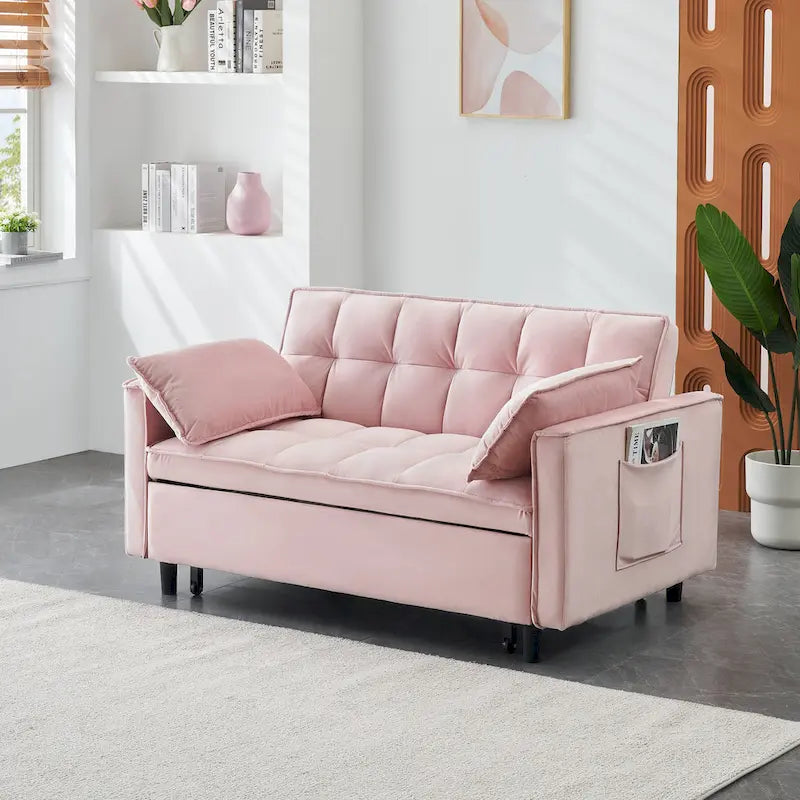 Canapé-lit convertible 3 en 1 en velours rose moderne 55 avec dossier et coussins pour salon
