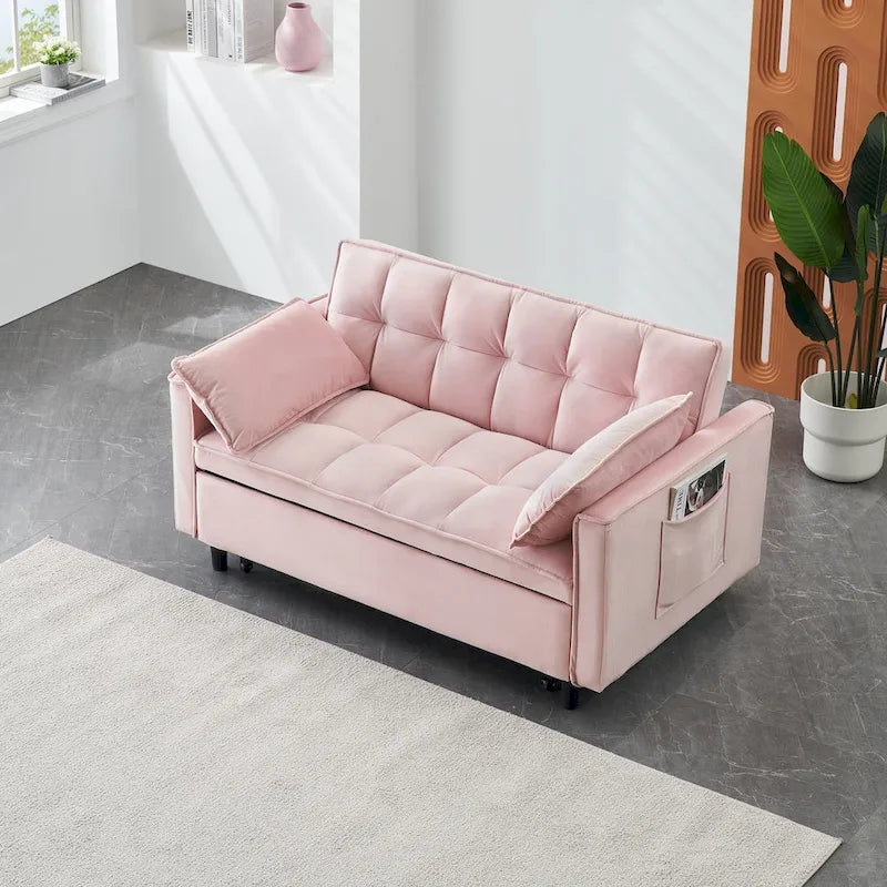 Canapé-lit convertible 3 en 1 en velours rose moderne 55 avec dossier et coussins pour salon