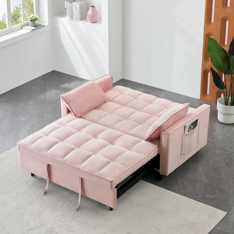 Canapé-lit convertible 3 en 1 en velours rose moderne 55 avec dossier et coussins pour salon