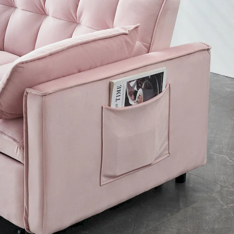 Canapé-lit convertible 3 en 1 en velours rose moderne 55 avec dossier et coussins pour salon