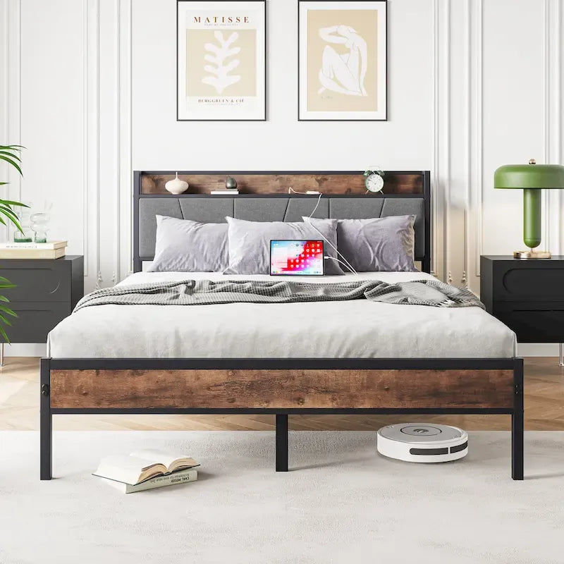 Metal Platform Bed with Upholstered Headboard