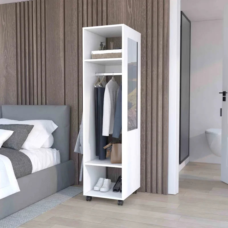 Armoire moderne à une porte de 16 pouces avec trois étagères, roulettes et tringle pour chambre à coucher