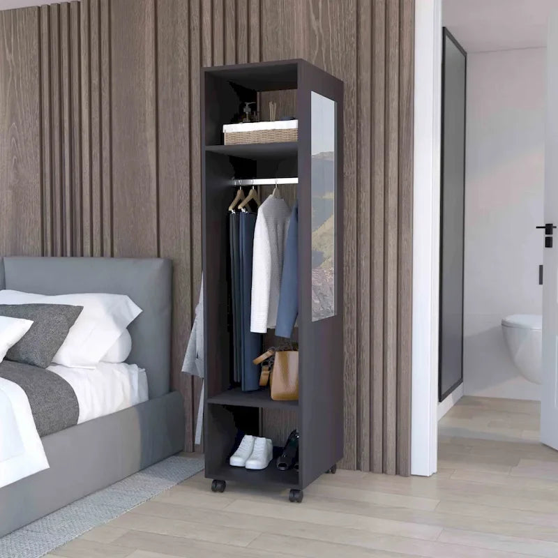 Armoire moderne à une porte de 16 pouces avec trois étagères, roulettes et tringle pour chambre à coucher