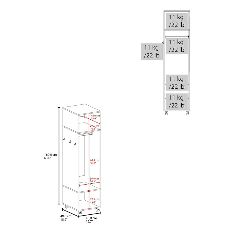 Armoire moderne à une porte de 16 pouces avec trois étagères, roulettes et tringle pour chambre à coucher