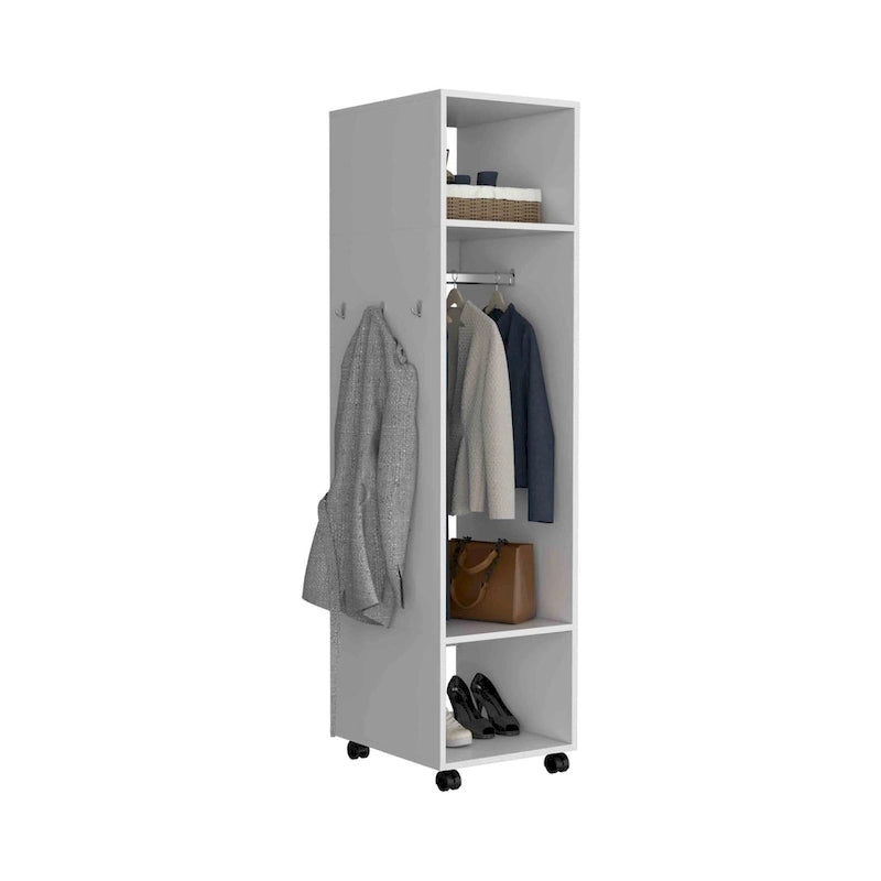 Armoire moderne à une porte de 16 pouces avec trois étagères, roulettes et tringle pour chambre à coucher