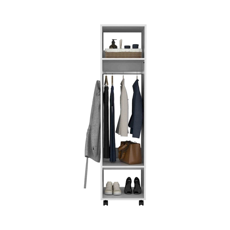Armoire moderne à une porte de 16 pouces avec trois étagères, roulettes et tringle pour chambre à coucher