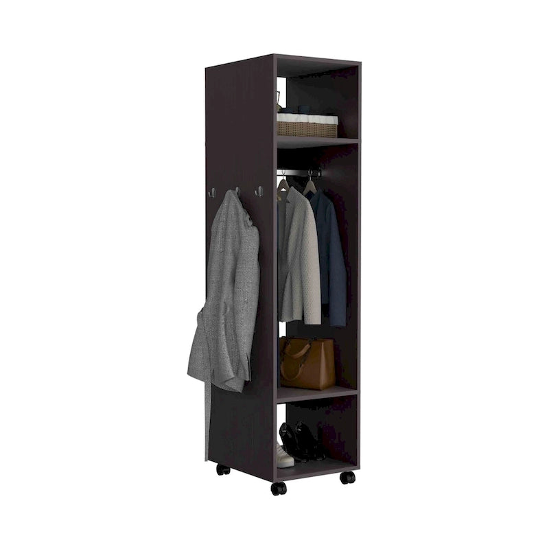 Armoire moderne à une porte de 16 pouces avec trois étagères, roulettes et tringle pour chambre à coucher