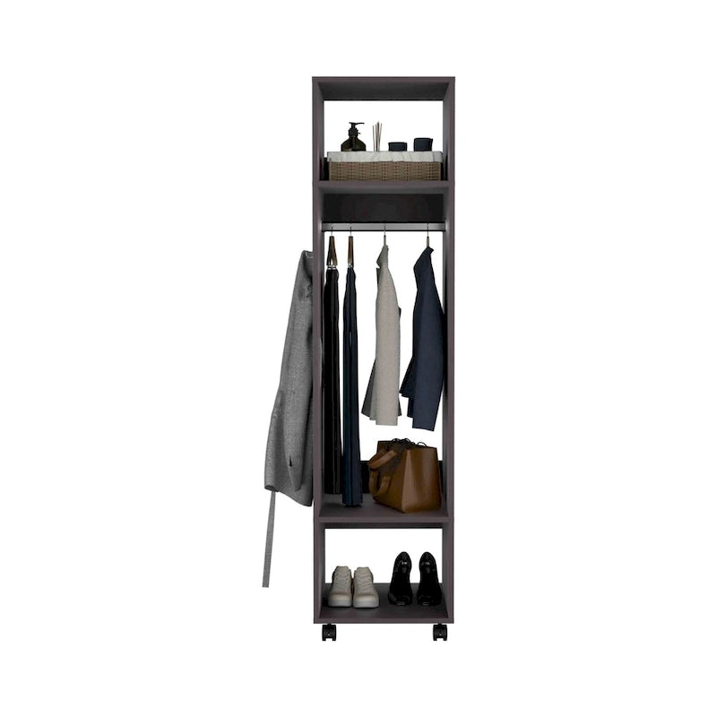 Armoire moderne à une porte de 16 pouces avec trois étagères, roulettes et tringle pour chambre à coucher