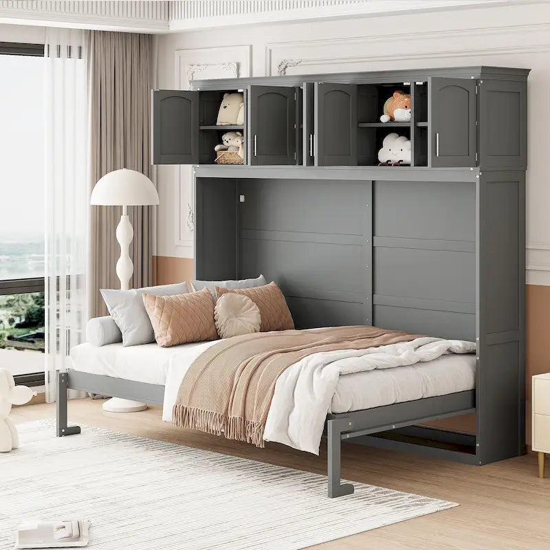 Lit escamotable multifonction gris Queen Size avec rangements supérieurs
