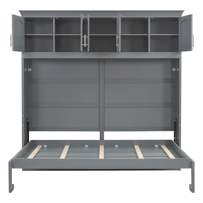 Lit escamotable multifonction gris Queen Size avec rangements supérieurs