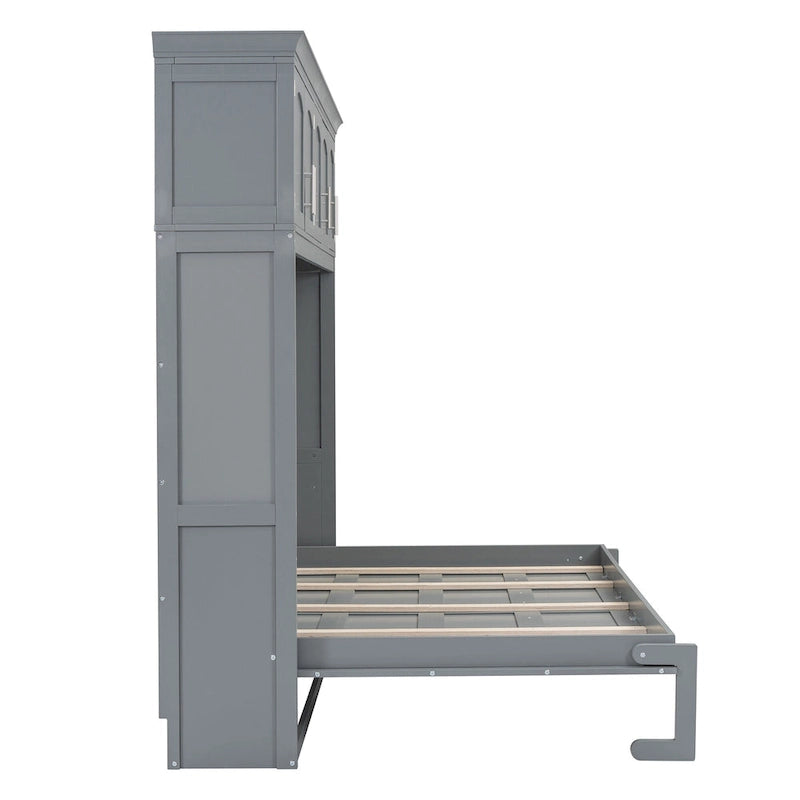 Lit escamotable multifonction gris Queen Size avec rangements supérieurs