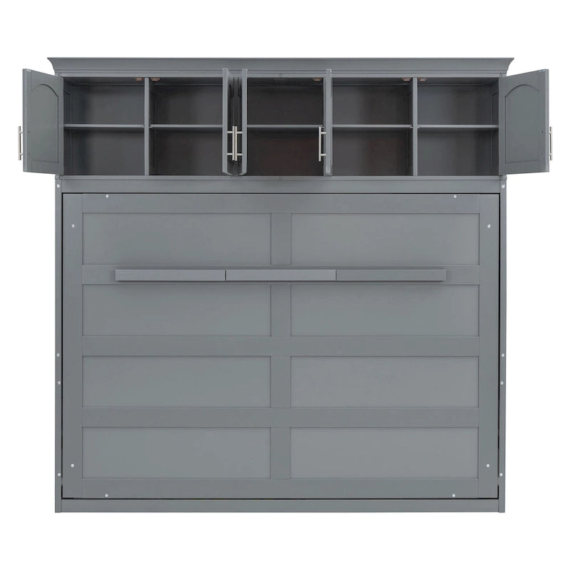 Lit escamotable multifonction gris Queen Size avec rangements supérieurs