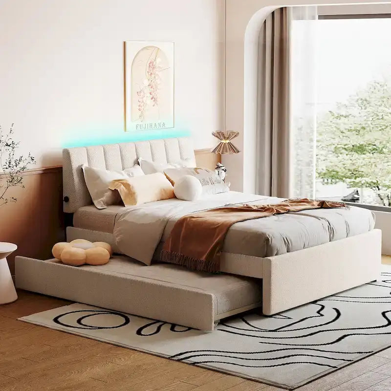 Lit plateforme rembourré en polaire effet peluche avec lit gigogne, ports USB et éclairage LED
