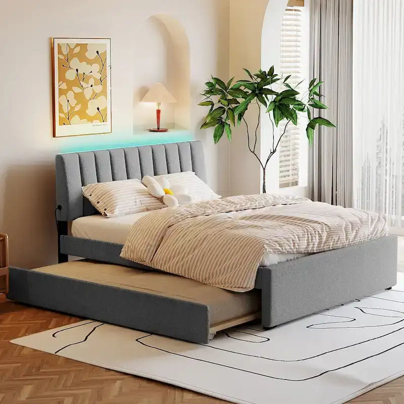 Lit plateforme rembourré en polaire effet peluche avec lit gigogne, ports USB et éclairage LED
