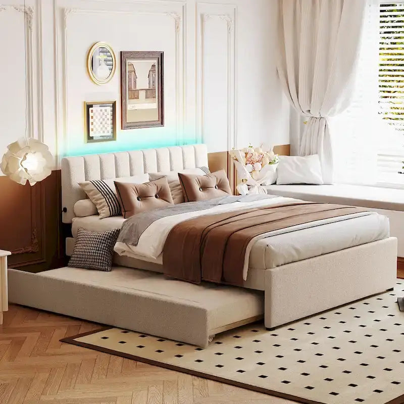 Teddy Fleece Upholstered Platform Bed with Trundle, USB Ports, and LED Light