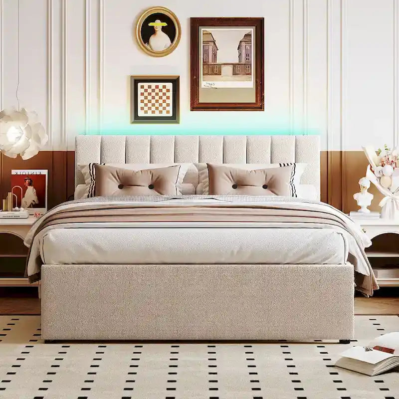 Lit plateforme rembourré en polaire effet peluche avec lit gigogne, ports USB et éclairage LED