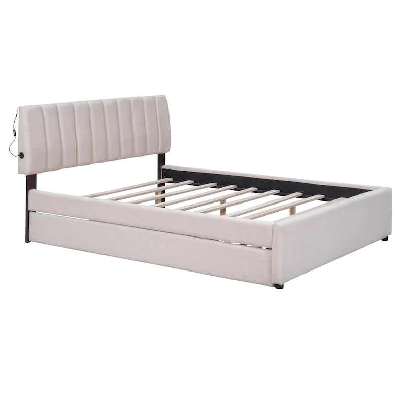 Lit plateforme rembourré en polaire effet peluche avec lit gigogne, ports USB et éclairage LED