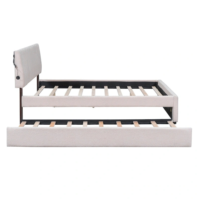 Lit plateforme rembourré en polaire effet peluche avec lit gigogne, ports USB et éclairage LED