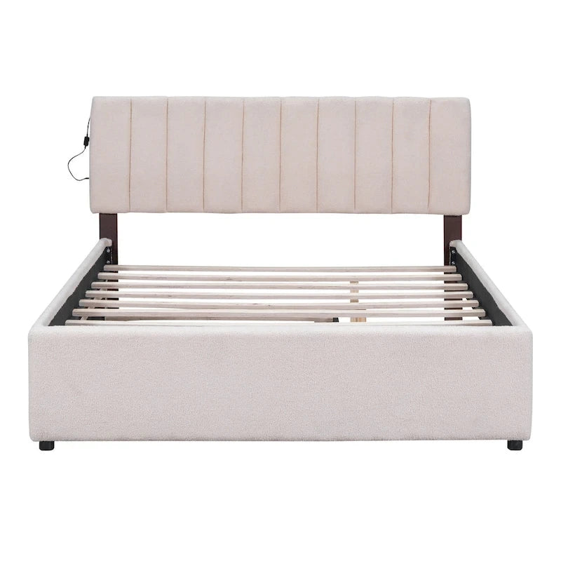 Lit plateforme rembourré en polaire effet peluche avec lit gigogne, ports USB et éclairage LED
