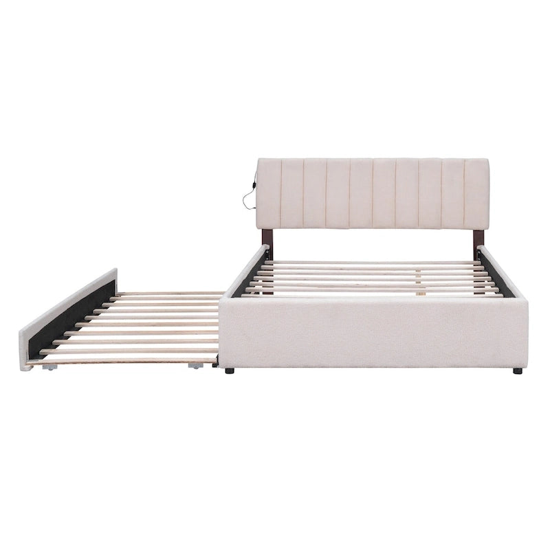 Lit plateforme rembourré en polaire effet peluche avec lit gigogne, ports USB et éclairage LED