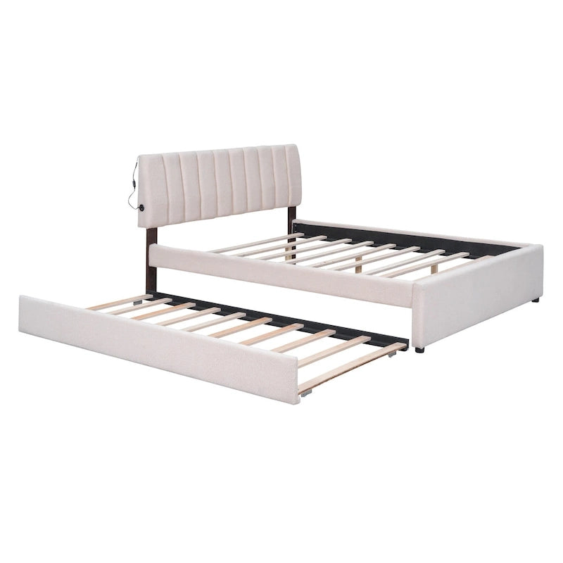 Lit plateforme rembourré en polaire effet peluche avec lit gigogne, ports USB et éclairage LED