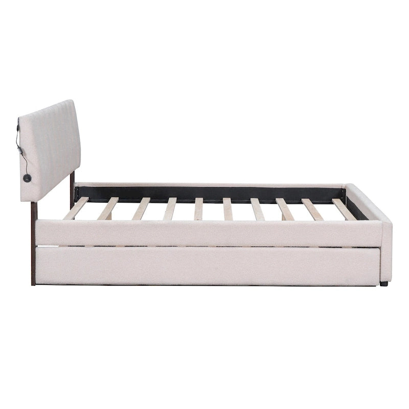 Lit plateforme rembourré en polaire effet peluche avec lit gigogne, ports USB et éclairage LED