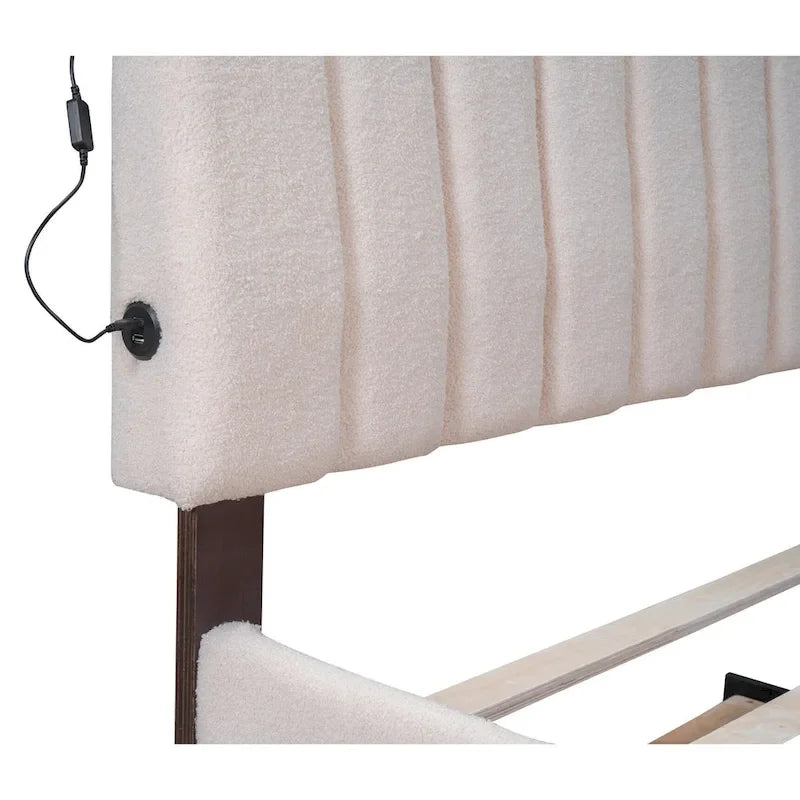 Lit plateforme rembourré en polaire effet peluche avec lit gigogne, ports USB et éclairage LED