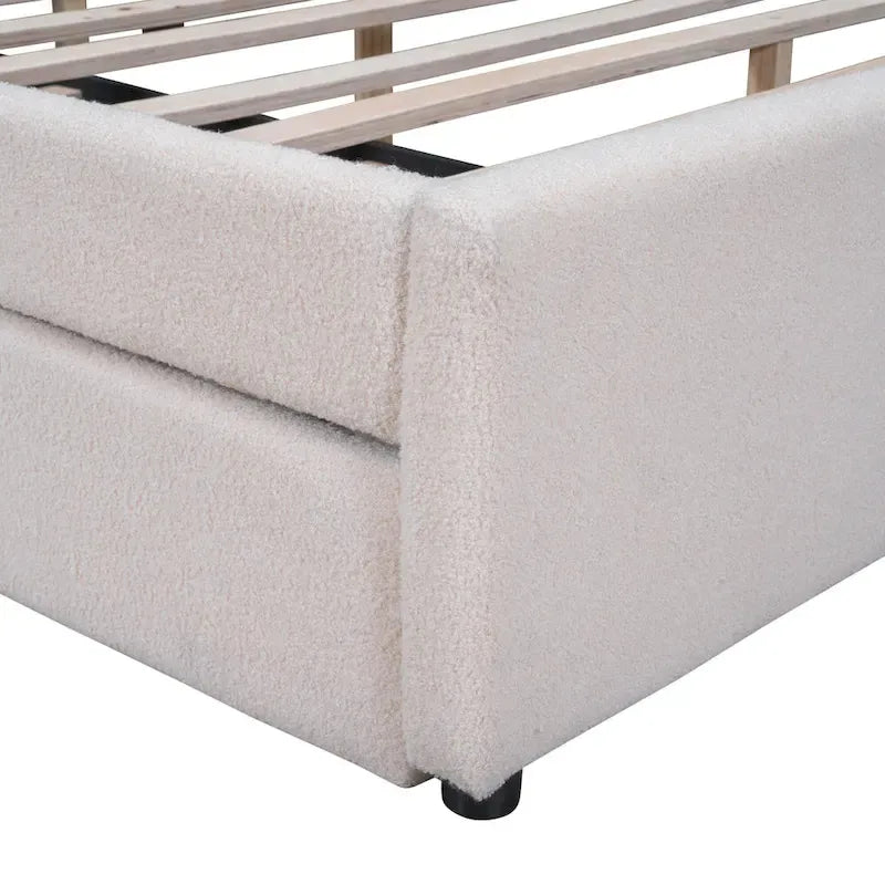 Lit plateforme rembourré en polaire effet peluche avec lit gigogne, ports USB et éclairage LED