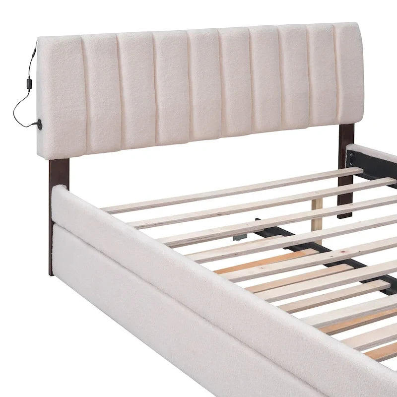 Lit plateforme rembourré en polaire effet peluche avec lit gigogne, ports USB et éclairage LED