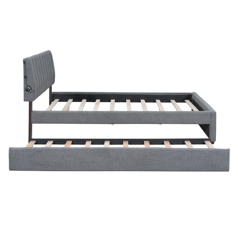 Lit plateforme rembourré en polaire effet peluche avec lit gigogne, ports USB et éclairage LED