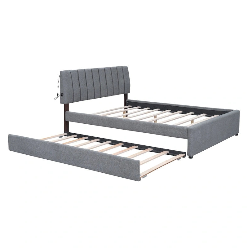 Lit plateforme rembourré en polaire effet peluche avec lit gigogne, ports USB et éclairage LED