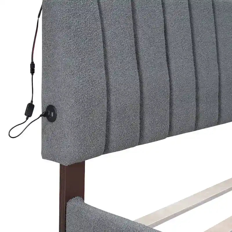 Lit plateforme rembourré en polaire effet peluche avec lit gigogne, ports USB et éclairage LED