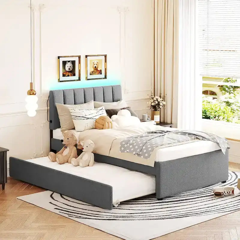Lit plateforme rembourré en polaire effet peluche avec lit gigogne, ports USB et éclairage LED