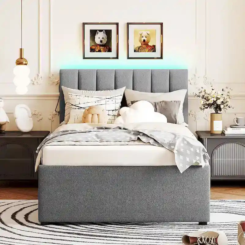 Lit plateforme rembourré en polaire effet peluche avec lit gigogne, ports USB et éclairage LED