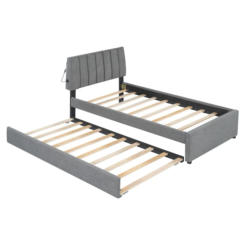 Lit plateforme rembourré en polaire effet peluche avec lit gigogne, ports USB et éclairage LED