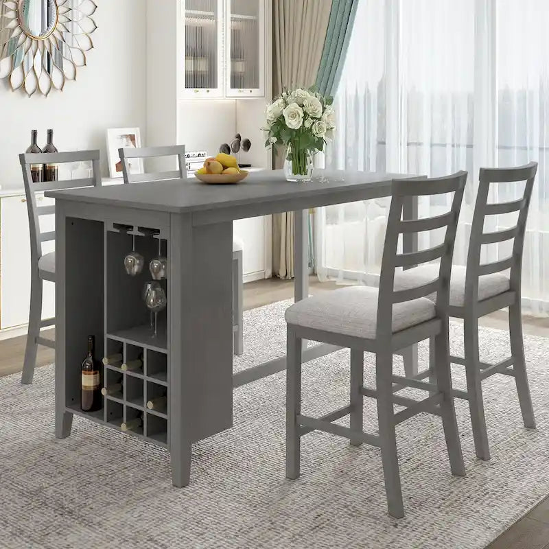 Gray Rustic 5-Piece Counter Height Dining Table Set with 4 Chairs & Storage
