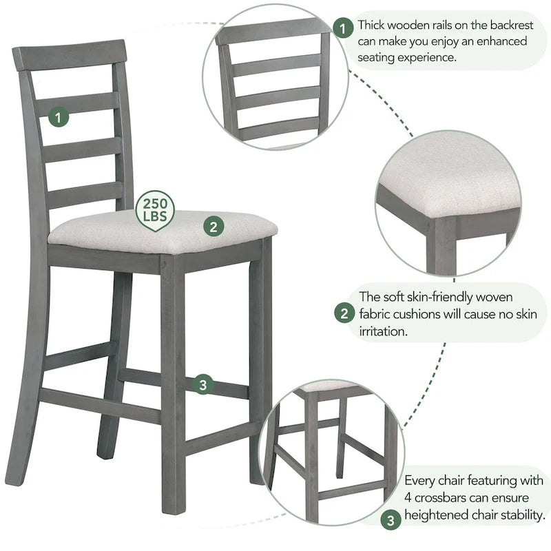 Ensemble de salle à manger rustique gris 5 pièces avec table haute, 4 chaises et rangement
