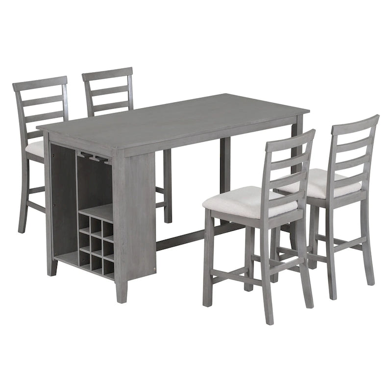 Ensemble de salle à manger rustique gris 5 pièces avec table haute, 4 chaises et rangement