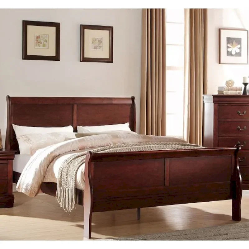 Transitional Solid Wood Bed with Veneers and Antique Brass Hardware