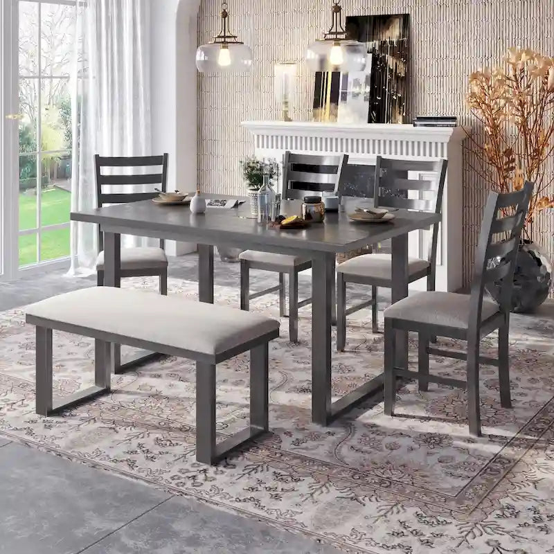 Ensemble de salle à manger rustique gris 6 pièces en bois avec table rectangulaire et 4 chaises