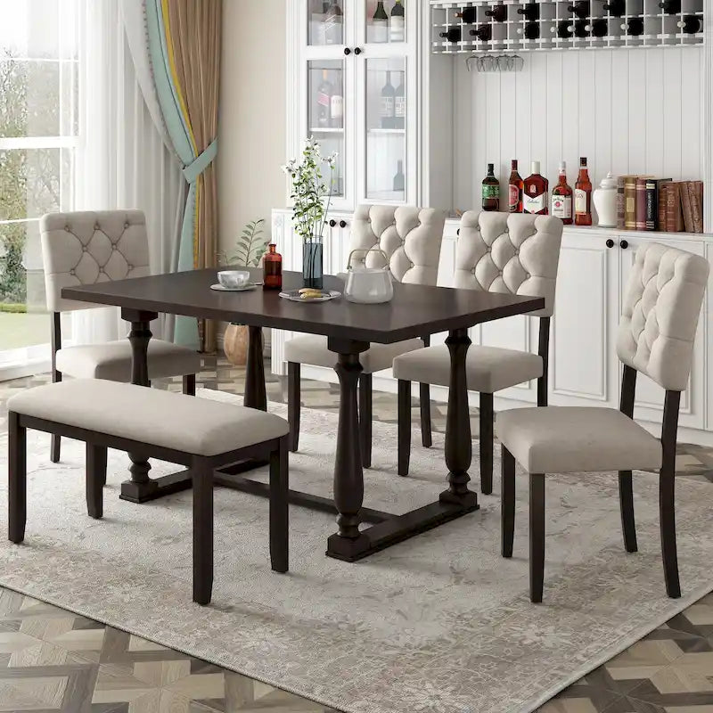 Ensemble de salle à manger rétro expresso 6 pièces en bois avec table rectangulaire et 4 chaises