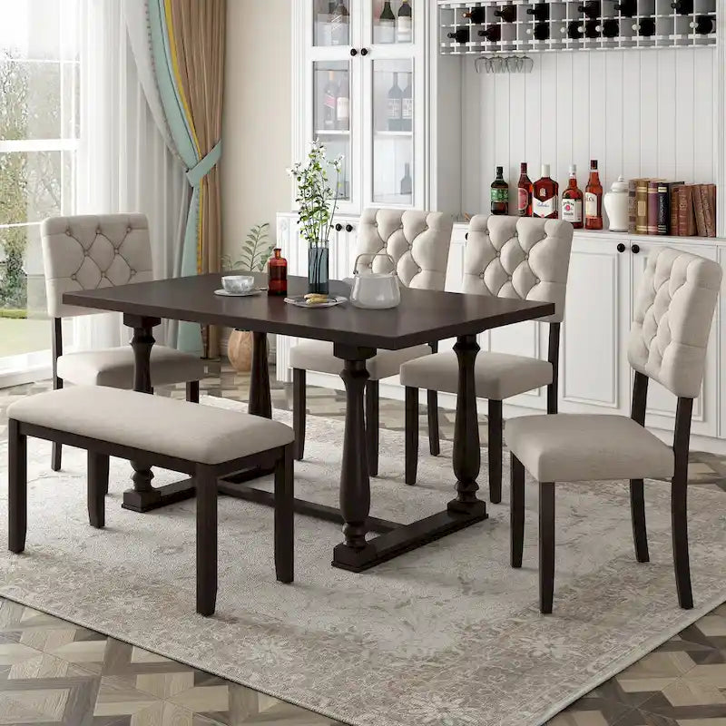 Espresso Retro 6-Piece Wooden Dining Table Set with Rectangular Table & 4 Chairs