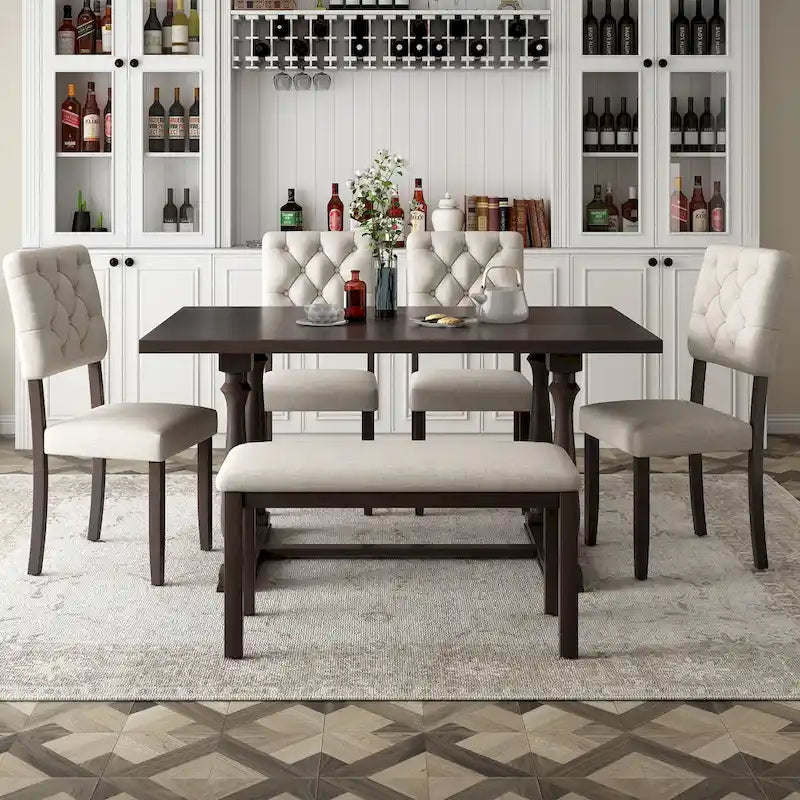 Ensemble de salle à manger rétro expresso 6 pièces en bois avec table rectangulaire et 4 chaises