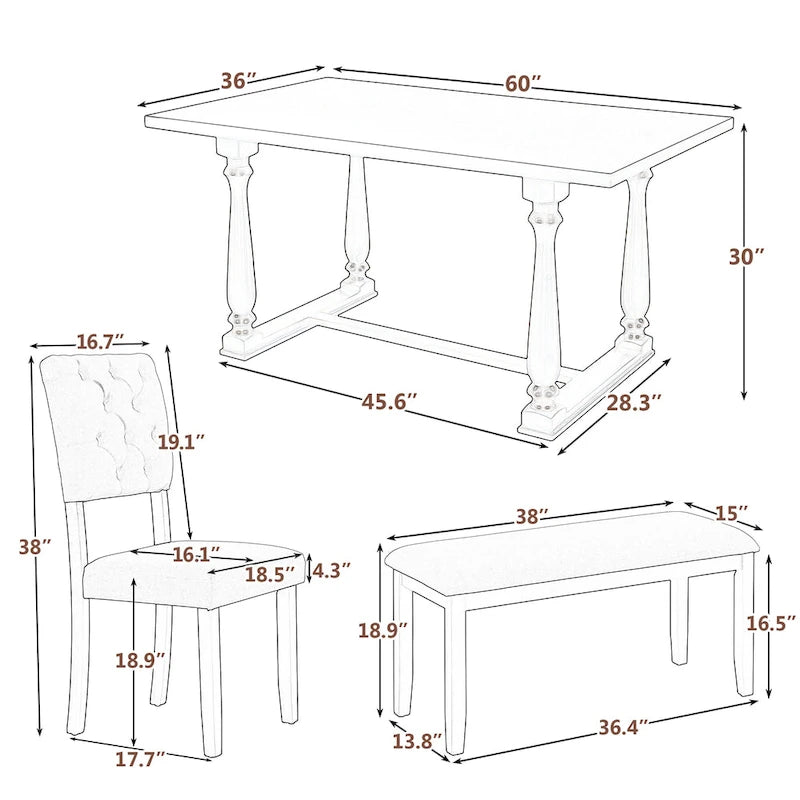 Ensemble de salle à manger rétro expresso 6 pièces en bois avec table rectangulaire et 4 chaises