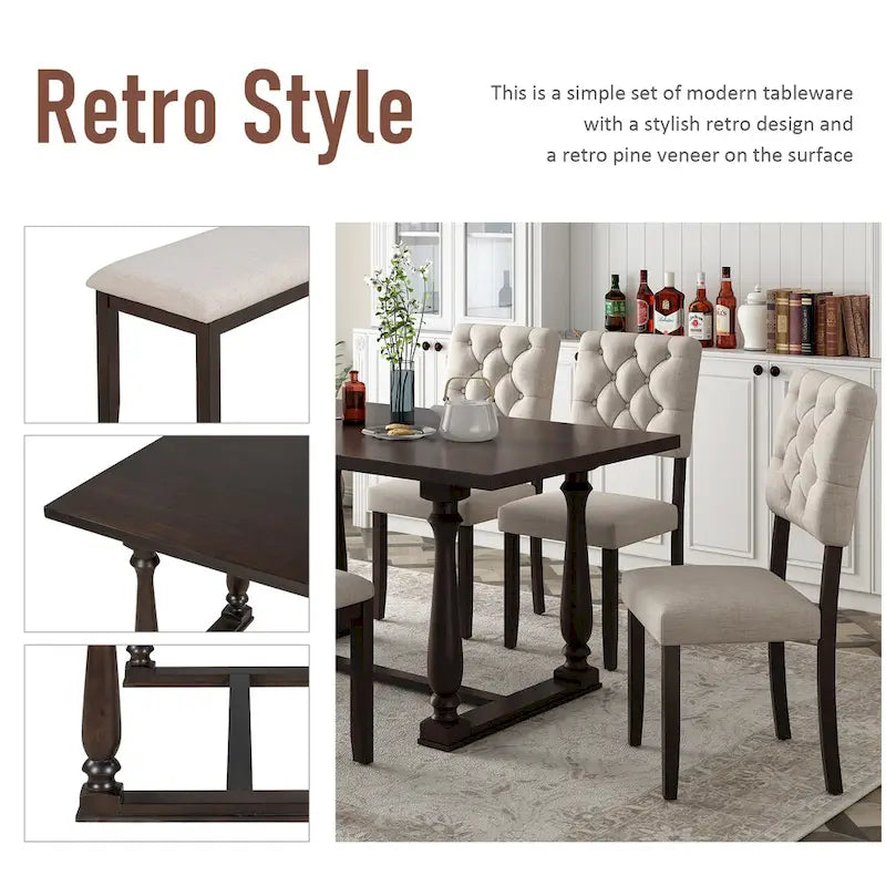 Ensemble de salle à manger rétro expresso 6 pièces en bois avec table rectangulaire et 4 chaises