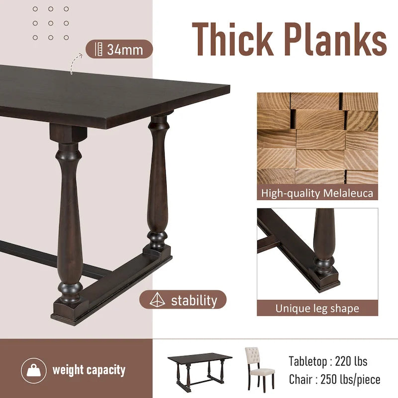 Ensemble de salle à manger rétro expresso 6 pièces en bois avec table rectangulaire et 4 chaises
