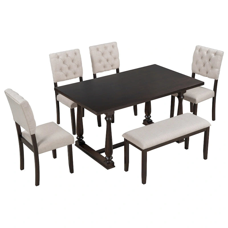 Ensemble de salle à manger rétro expresso 6 pièces en bois avec table rectangulaire et 4 chaises